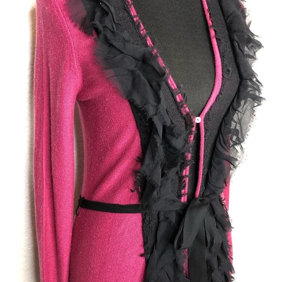 Tracy Reese New York dark pink black ruffle trim belted cardigan size Small - Picture 5 of 16